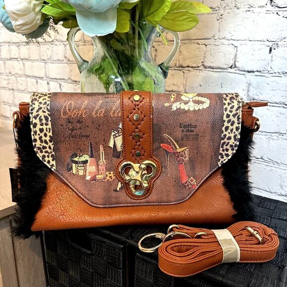 Beautiful Clutch Crossbody Handbag Turn Lock Fur Trim - Picture 1 of 10